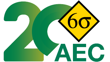 Logotipo del 20º aniversario de Seis Sigma de la AEC (Asociación Española para la Calidad). El diseño incluye el número 20 en tonos verdes, con un rombo amarillo que contiene el símbolo de Seis Sigma (6σ) y las siglas 'AEC' en la parte inferior.